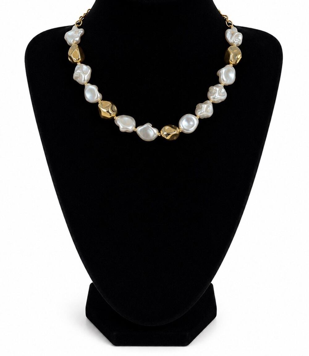 Faux White Pearl Beaded Statement Necklace, Gold-Tone Lobster Cable Chain